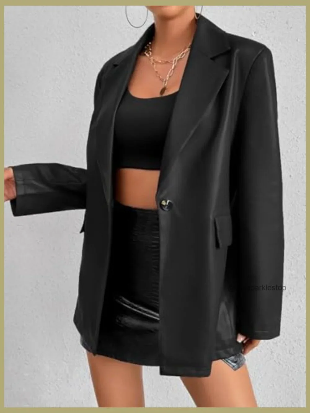 Faux Leather Blazer Jacket Moto Biker Coat Long Sleeves Button